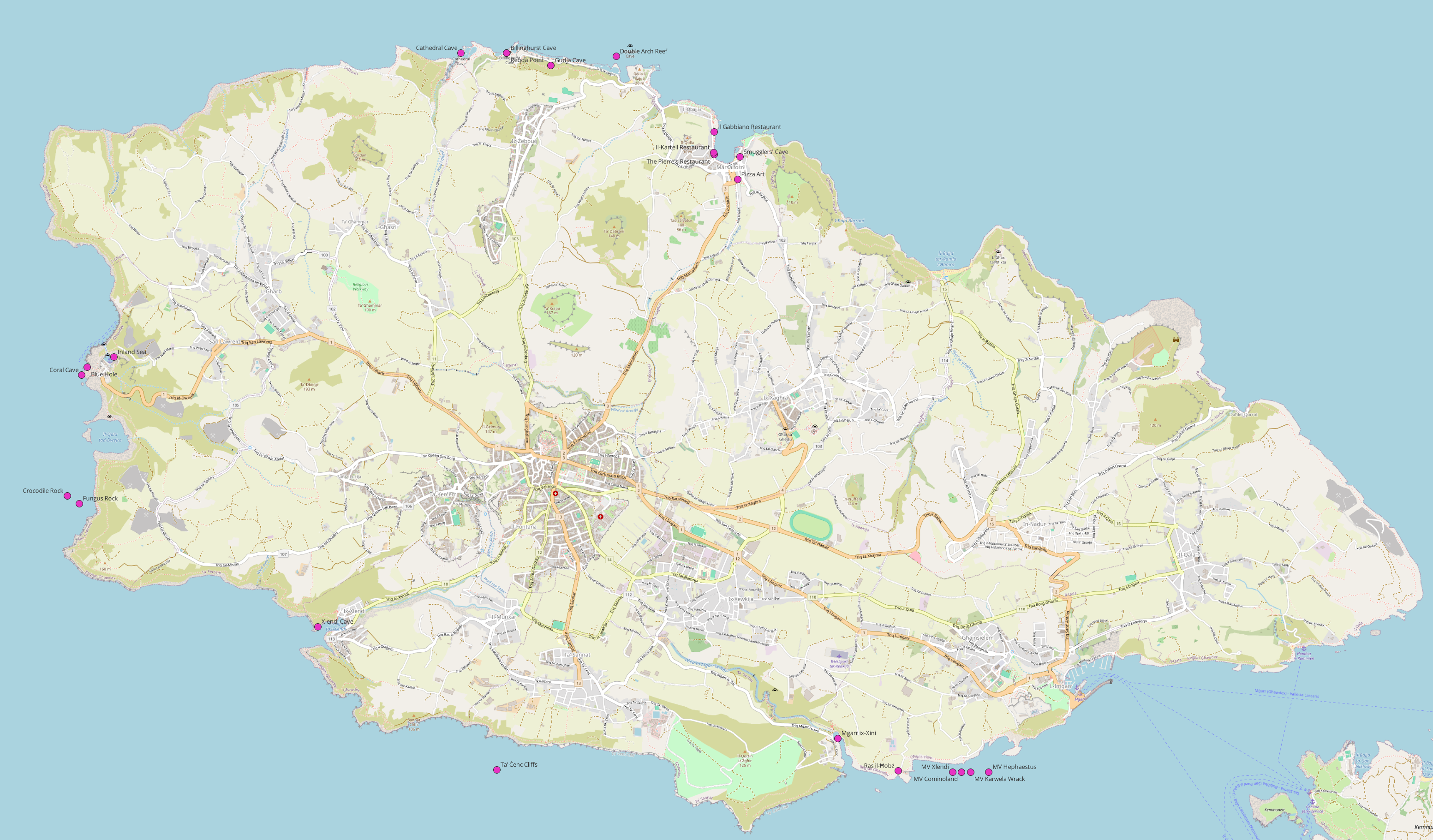 Karte mit Tauchplätzen und Restaurants auf Gozo Gozo_dive_sites